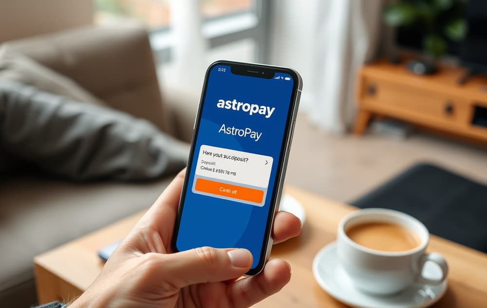 En hånd som holder en smarttelefon med AstroPay-appen og en casino logo i bakgrunnen, som viser en vellykket innbetaling.