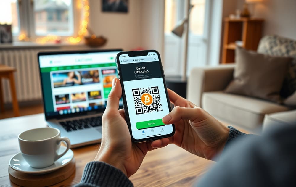 Person i norsk stue som skanner QR-kode for Bitcoin-innskudd på mobilen, med kaffekopp og laptop på bordet.