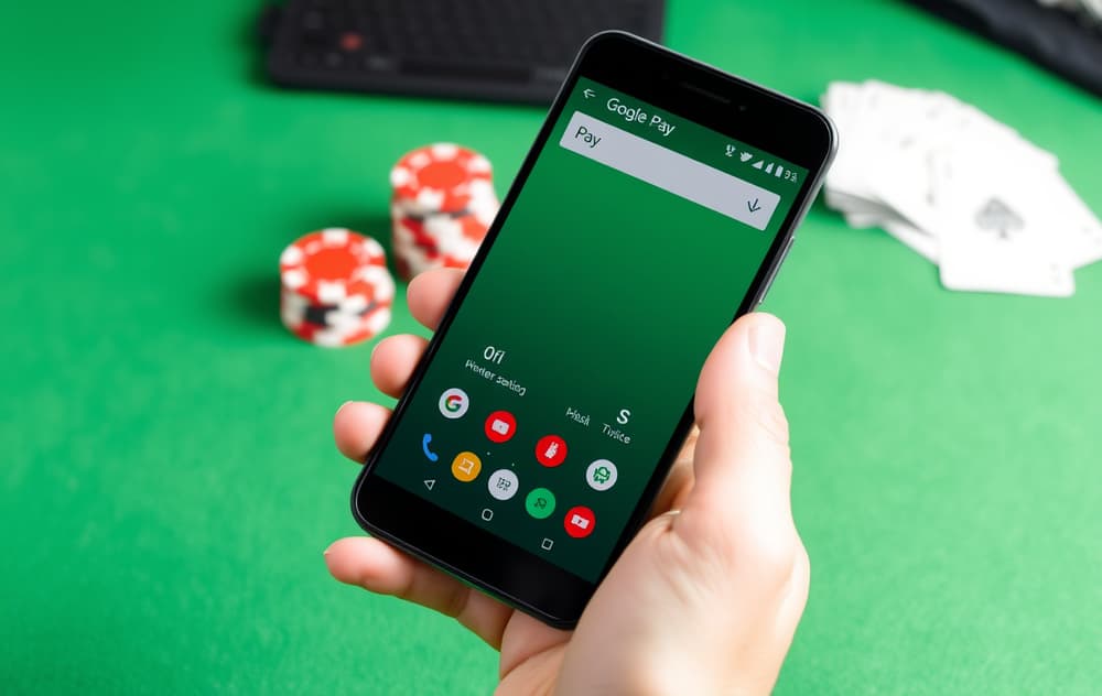 Android-mobil med Google Pay og casino-bakgrunn
