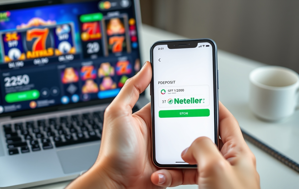 Person som bruker Neteller-appen for casinoinnskudd på mobilen, med laptop i bakgrunnen.
