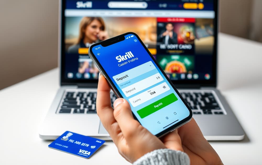 Mann med mobiltelefon som viser Skrill-appen og casinoinnskudd, med laptop og Skrill Visa-kort på bordet.