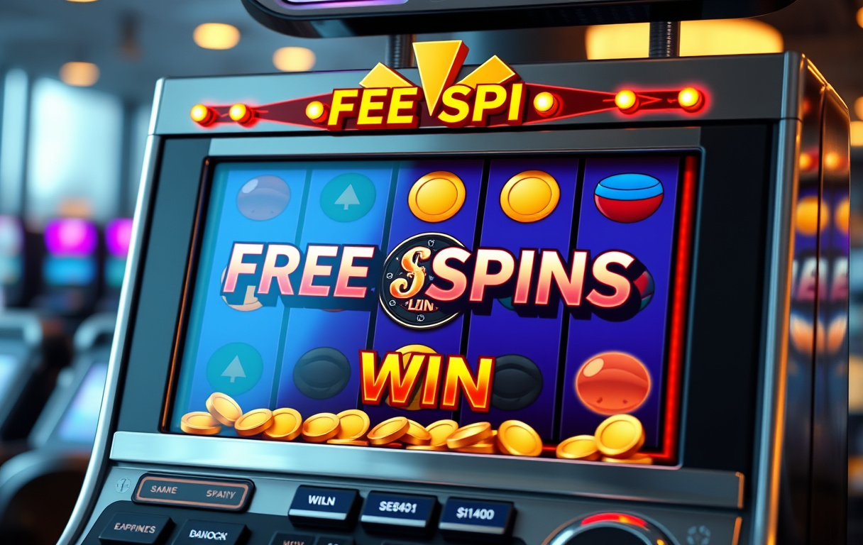 Freespins på spilleautomat med gevinstsymboler og mynter.