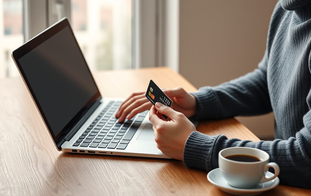 En person sitter ved et skrivebord med laptop, kredittkort og mobiltelefon som viser en casino-app, med kaffekopp ved siden av.