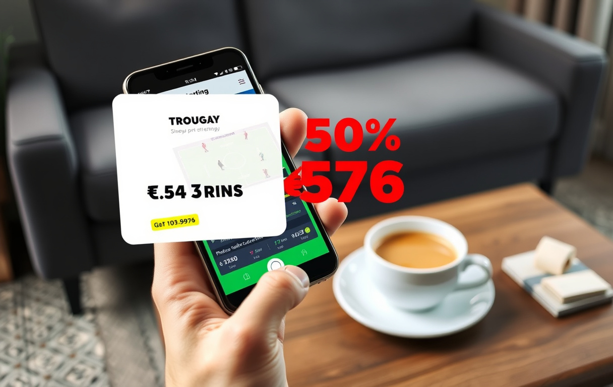 Person med mobiltelefon som viser en oddsbonus på en bettingside, med kaffekopp i bakgrunnen.