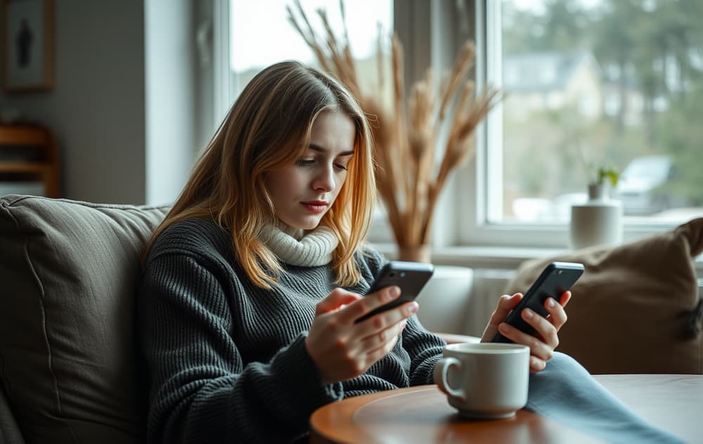 Person som spiller digitalt skrapelodd på mobiltelefon i stuen.